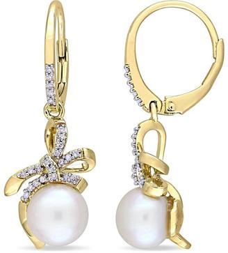 Laura Ashley 8-8.5mm FW Cultured Pearl and Diamond Yellow-Plated Silver Earrings