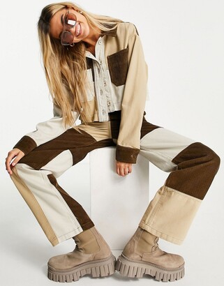 Topshop high-waisted straight leg pant with cord patchwork in khaki & ecru  - part of a set - ShopStyle