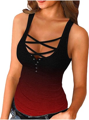 Younthone Fashion Women Tops Womens Summer Solid Color Low-Cut Sexy Cross Button Sleeveless Vest T-Shirt Top (S