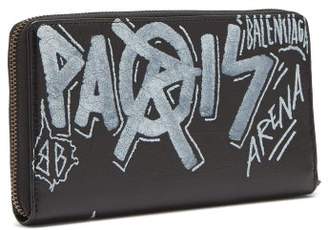 Balenciaga Classic Graffiti Print Zip Around Leather Wallet - Womens - Black White