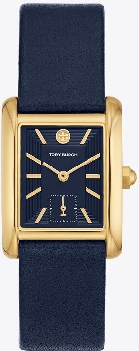 Tory Burch Eleanor Watch, Navy Leather/Gold-Tone Stainless Steel, 25 x 32MM  - ShopStyle