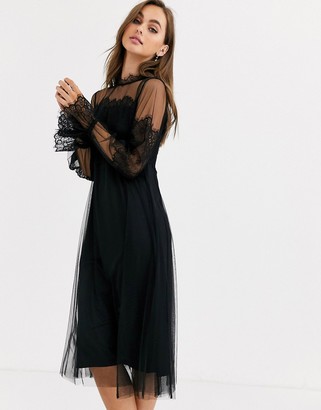Pieces mesh lace high neck midi dress in black
