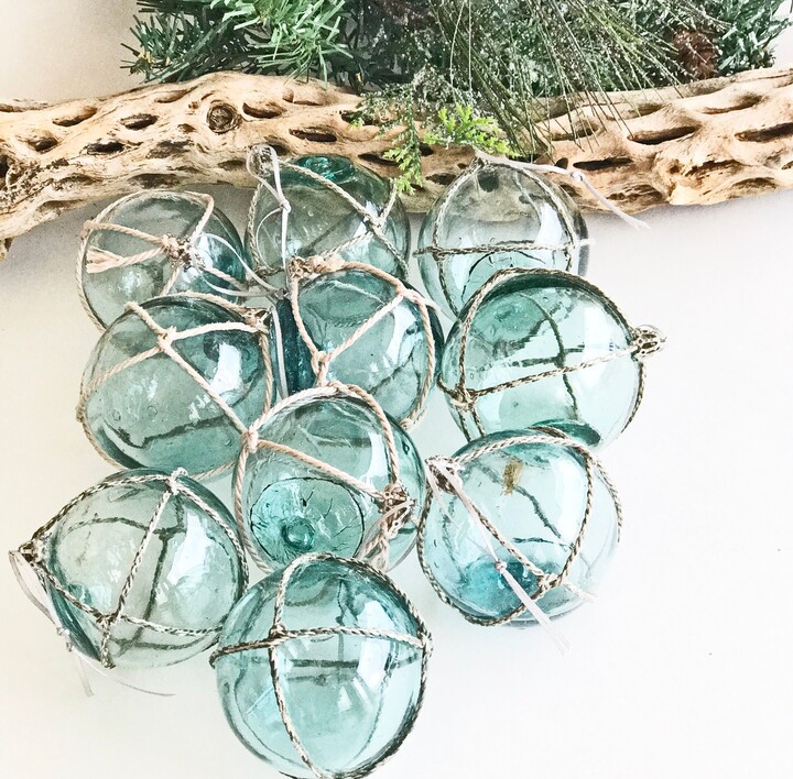 BEACH CHRISTMAS ornament,AUTHENTIC Glass Float Ornament, vintage aqua/green Japanese fishing float, nautical, coastal Christmas, 2.5"