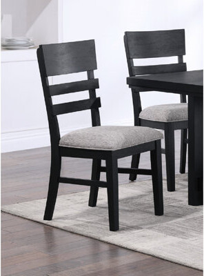 2pc Dining Chairs In Black Finish With Gray Seat Padding, Transitional Contemporary Style, Wood And Fabric Covering, Frame