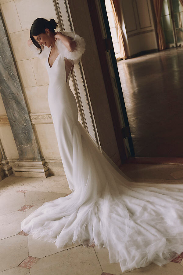 Sébastien Luke Mila Crepe V-Neck Pearl A-Line Wedding Gown