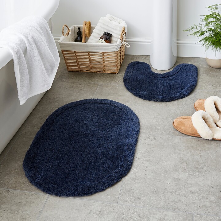 Dunelm Set of 2 Tufted Border Oval and Pedestal Mat, Navy Blue Navy