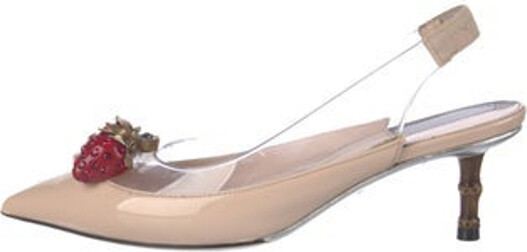Gucci Patent Leather Slingback Pumps Neutrals, Red & Clear Colorblock Pattern PVC Trim Pointed-Toes with Crystal Embellishments Includes Box & Dust Bag