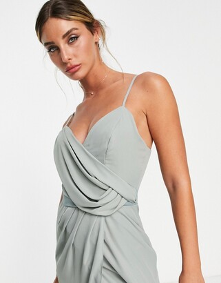 ASOS DESIGN Bridesmaid ruched bodice drape maxi dress with wrap waist and  flutter cape sleeve in blush - ShopStyle