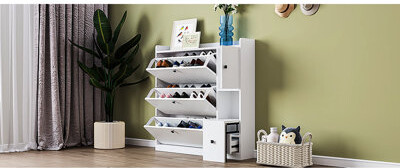 Latitude Run Space Shoe Rack With Pull-down Seat And 3 Drawer Containers, Freestanding Cabinet Adjustable Drawers Seat,