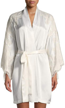 Josie Natori Camilla Lace-Trim Silk Kimono Robe