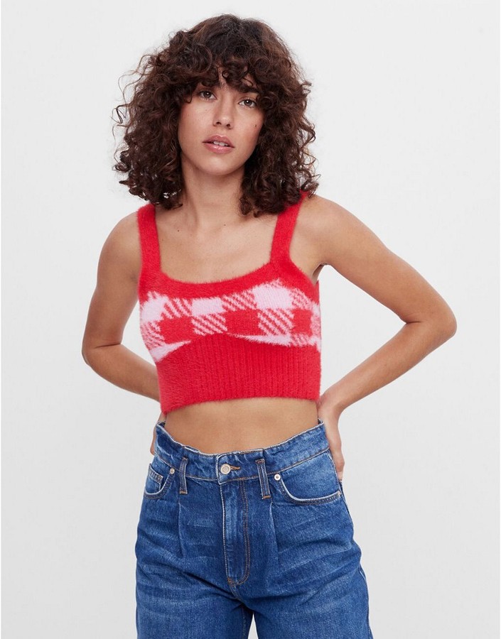 Bershka set knitted check cami twinset in red check - ShopStyle Tops