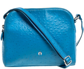 Aigner Sky Blue Ostrich Embossed Leather Double Zip Shoulder Bag - ShopStyle