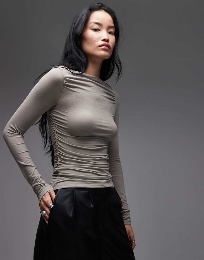 And other stories & rich cotton long sleeve drapey jersey top in beige
