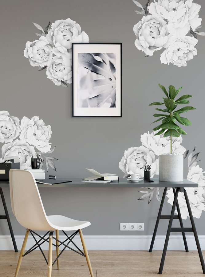Etsy Peony Flower Wall Sticker Black & White Watercolor, Removable Vinyl Decal