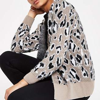 River Island Grey leopard print fluffy knit cardigan