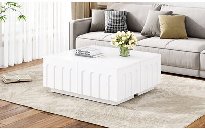 Latitude Run Elegant White Coffee Table And Tv Stand Four Drawers For Storing Remote Controls Chargers Arched Design On Drawer  Crafted From 80 - Inch Stand In