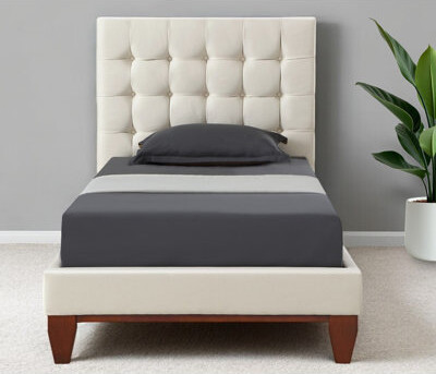 HomeRoots Beige Solid Wood Full Tufted Upholstered Linen Bed