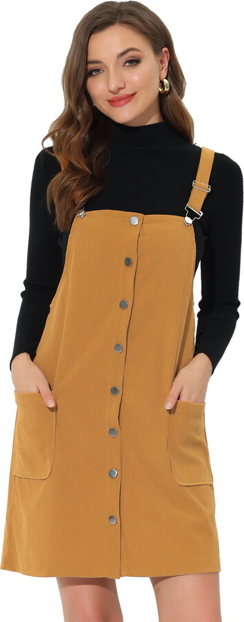 Unique Bargains Women’s Corduroy Straps Pinafore Button Decor Overall Dress L Mustard