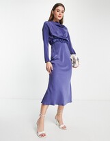 Thumbnail for your product : ASOS DESIGN drape high neck satin long sleeve midi dress with scrunchie belt detail