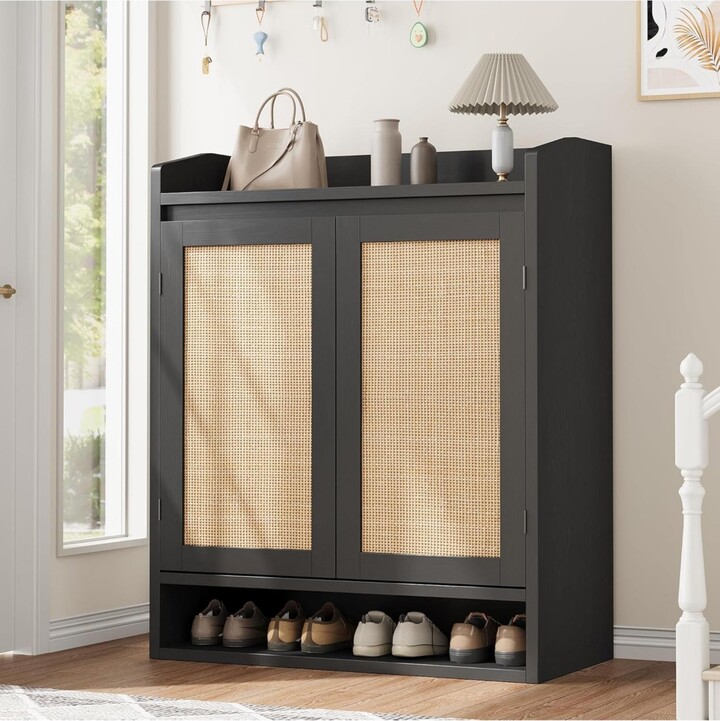 gaomon Rattan 2-Door Shoe Cabinet - 5-Tier Adjustable Wooden Organizer Holds 24-28 Pairs