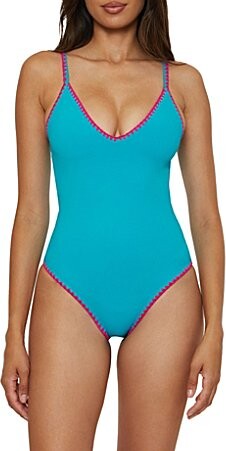 Lucky Brand Marbella Contrast Shell Stitch V-Neck One Piece Swimsuit
