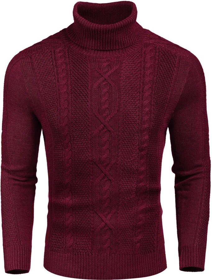 COOFANDY Men's Jumpers Slim Fit Turtleneck Sweater Casual Warm Twisted  Knitted Pullover Jumpers WineRed - ShopStyle Crewneck Knitwear