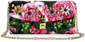 Dolce & Gabbana Small Jeweled Rose Brocade Evening Chain Shoulder Bag, Black/Pink/Green