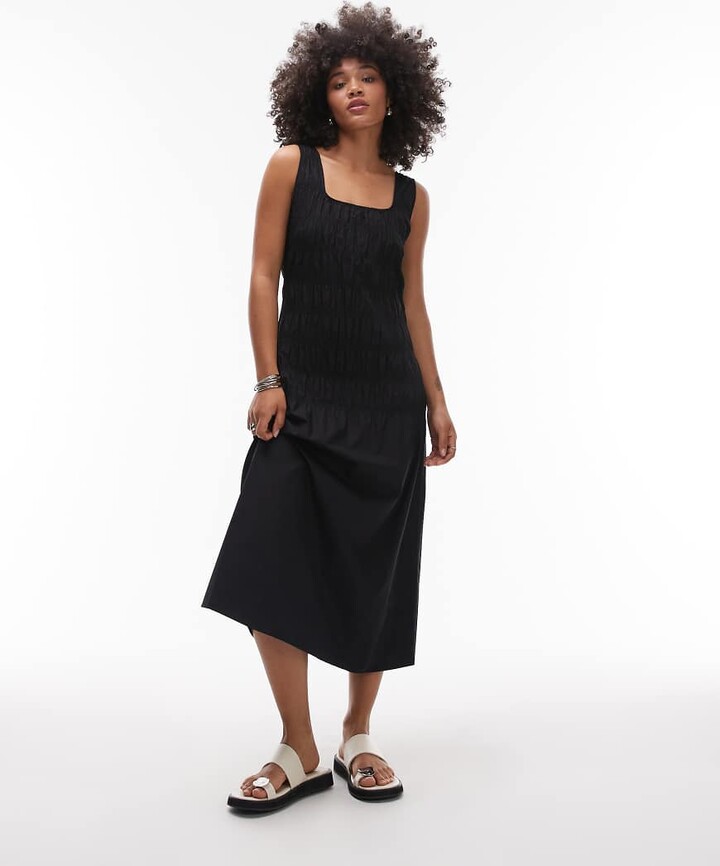 Arket cotton rich midi dress with smocked bodice and drop waist in black