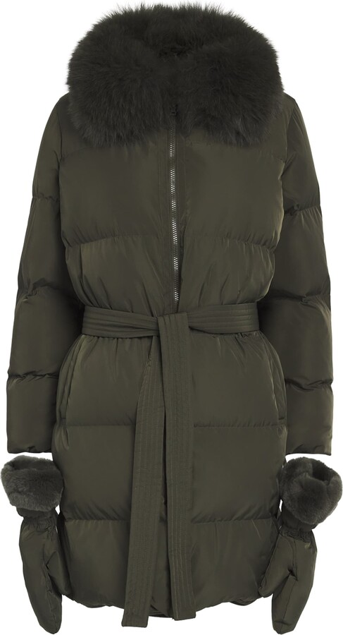 Yves Salomon Fur-Trim Down Coat with Mittens