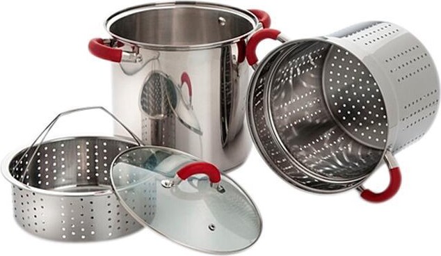 Cook Pro 525 8 Quart Multifunction Stainless Steel Pasta Cooker with Encapsulated Base, Vented Glass Lid and Red Riveted Silicone Covered Handles