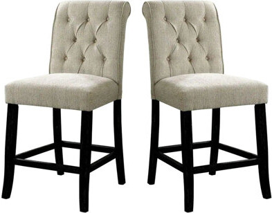 One Allium Way Of 2 Rustic Counter Height Chairs, Beige Chenille Fabric Covered With Back And Antique Black Legs For Home Decoration Idea Upholstered Solid Wood In S