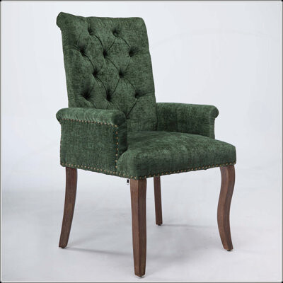 Winston Porter Upholstered Chenille Fabric Accent Dining Chair with Curved Solid Wood Legs, Elegant Tufted Design for Comfort and Style, Olive Green