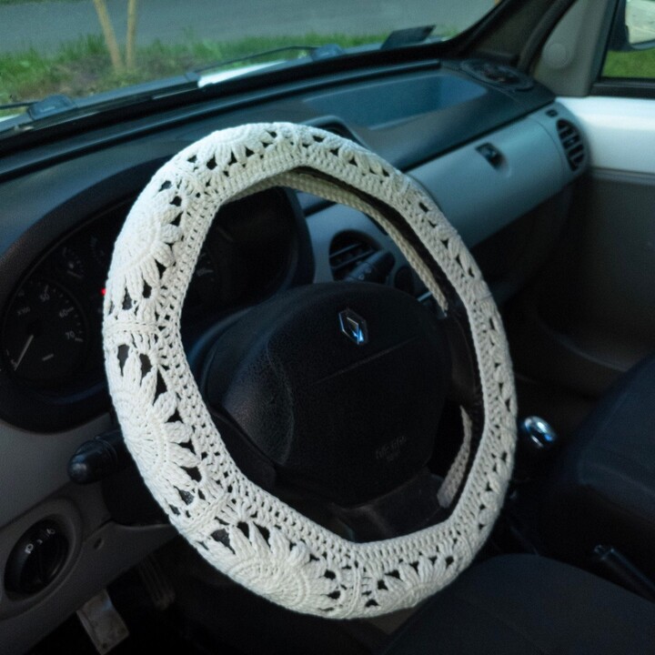 Solid Color Boho Steering Wheel Cover Set With Seat Belt & Car Coasters | Hand Crocheted in Aesthetic & Hippie Style