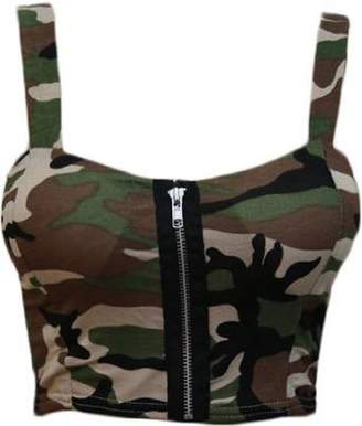 GirlsWalk Girls Walk Women's Army Camouflage Print Padded Zip Front Bralet Crop Bra Top