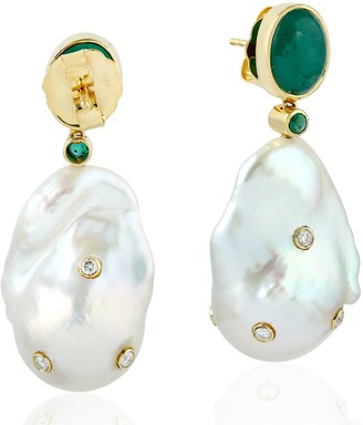 Artisan 18Kt Yellow Gold Natural Emerald Pearl Chinese Diamond Dangle Earring Jewelry Gift For Her