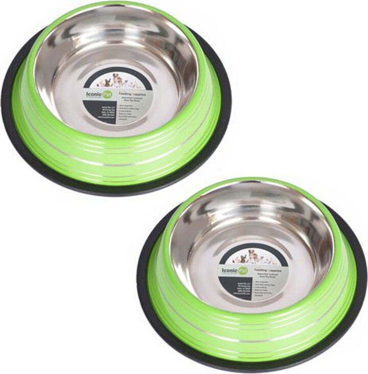 Iconic Pet Color Splash Stripe Non-Skid Dog Bowl, 2 count, Green, 3-cup