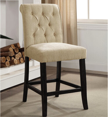 Wildon Home Beige & Antique Black Dining Chairs, 2 , Scrolled Back, Button , Solid Wood Base For Room Use 2 Pcs And Chenille Back Look, Seat,