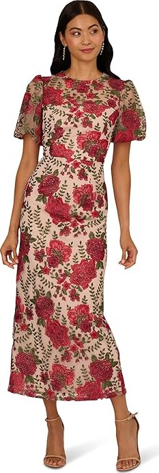 Adrianna Papell Puff Sleeve Embroidered Dress Women's Dress Red/Nude : 6, Polyester