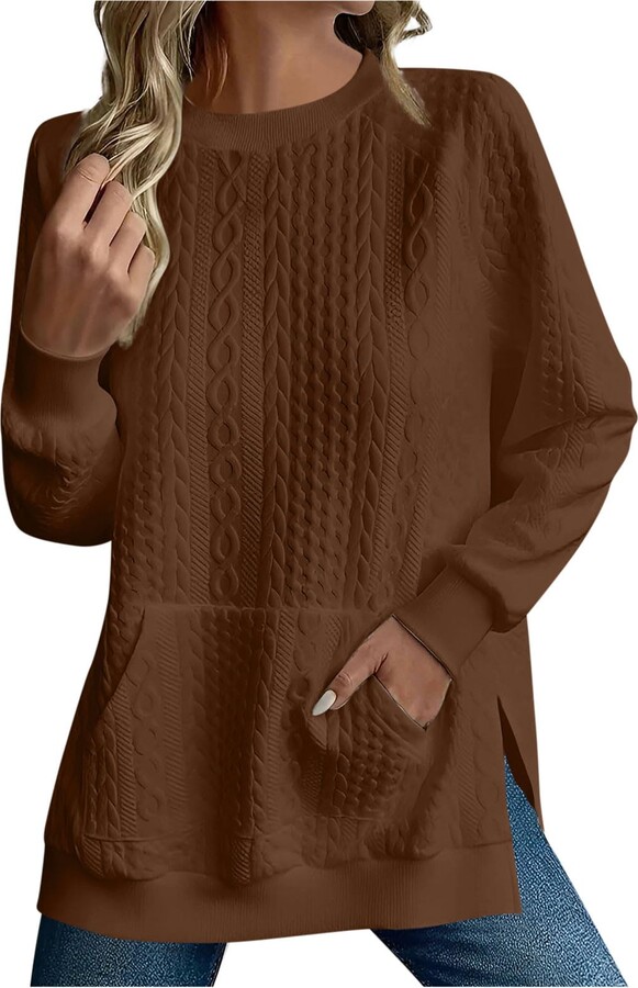 HGps8w Women's Split Side Texture Sweatshirts Long Sleeve Casual Crewneck Oversized Pullover Tee Tops Loose Fall 2025 T-Shirt