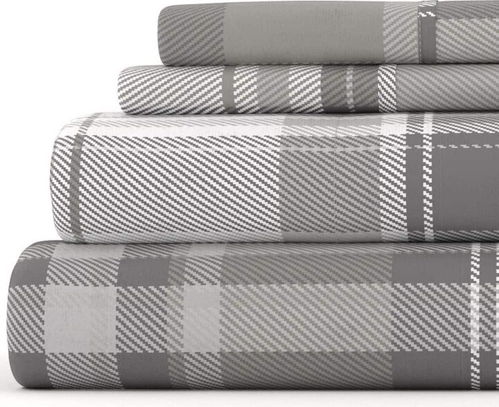 Becky Cameron Premium 4 Piece Light Gray Plaid Flannel Queen Sheet Set