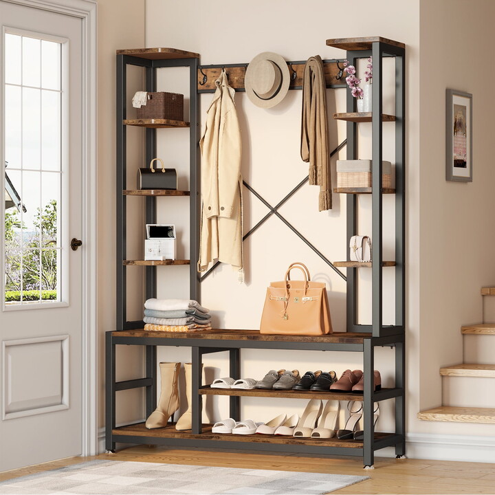 Dextrus Entryway Coat Rack with Bench and Shoe Storage, 5-in-1 Coat Tree with 16 Hooks, Rustic Brown