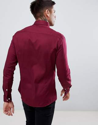 ASOS Design DESIGN slim twill shirt with collar bar in burgundy