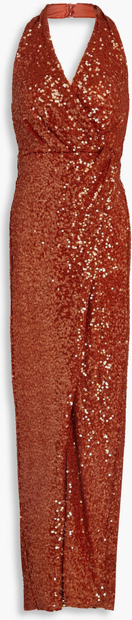 Halston Svetlana wrap-effect sequined mesh halterneck gown