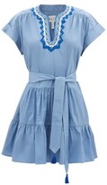 Thumbnail for your product : Saloni Ashley Belted Embroidered Cotton-poplin Midi Dress - Light Blue