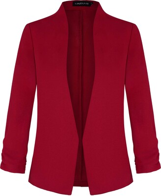 MINTLIMIT Womens 3/4 Sleeve Blazers Collarless Linen Jacket Plain Casual Outerwear Red L