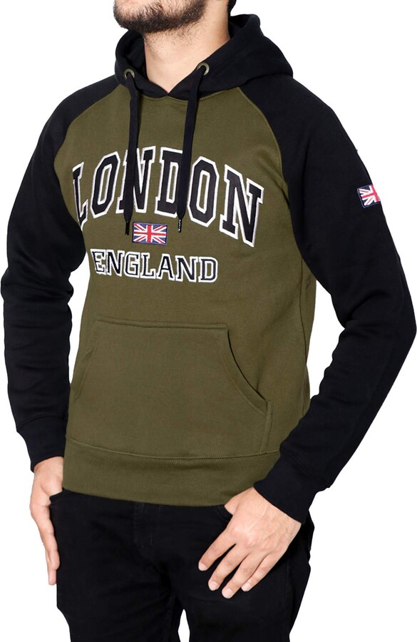 16Sixty London Souvenir Men's Hoodies Union Jack Flag UK Comfortable  Quality Top London England Embroidered Mens Hoodies Pullover_Perfect  Casualwear and Sportswear (Olive/Black - ShopStyle