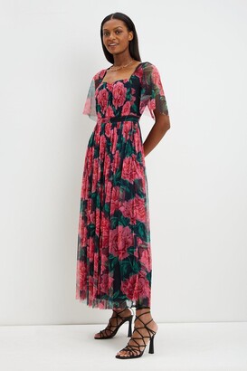 Dorothy Perkins Womens Rose Print Pleated Sweetheart Midi Dress - ShopStyle