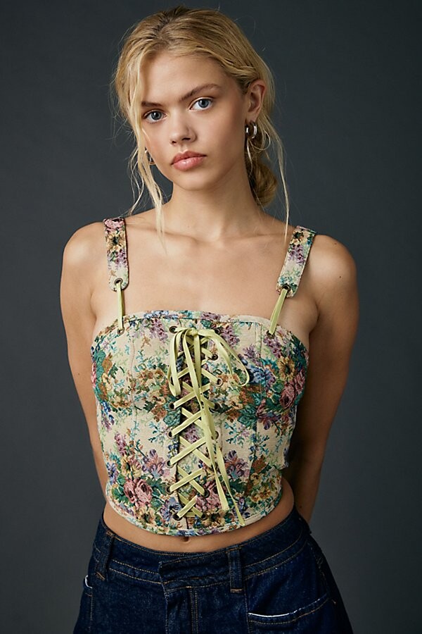 Kimchi & Blue Kimchi Blue Lena Floral Brocade Lace-Up Corset Top in Floral