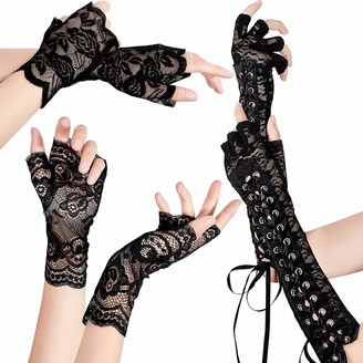 Satinior 3 Pairs Lace Fingerless Gloves Set Elbow Lace Up Steampunk Gloves Black Fingerless Bridal Lace Gloves