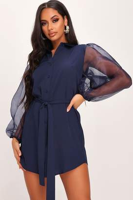 I SAW IT FIRST Navy Organza Belted Puff Sleeve Shirt Dress